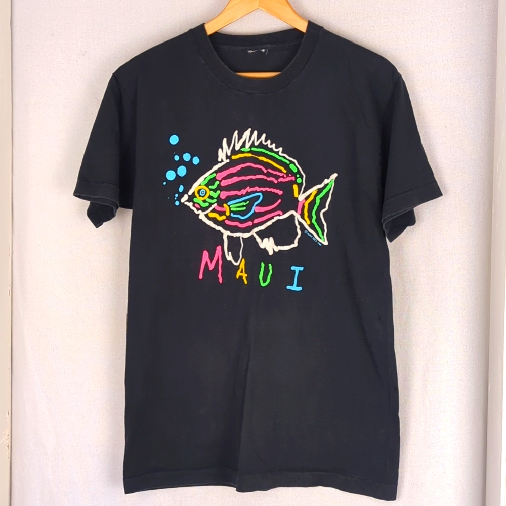 VINTAGE 90s Single Stitch Black With Neon Fish Maui T-Shirt